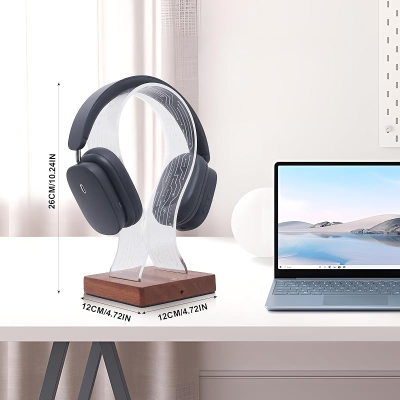 YuanDian Fejhallgató Tartó 16 Színváltó LED Világítással, Fa Headset Állvány USB és Type-C Töltőporttal, Érintésvezérléses, Távirányítós, Ga