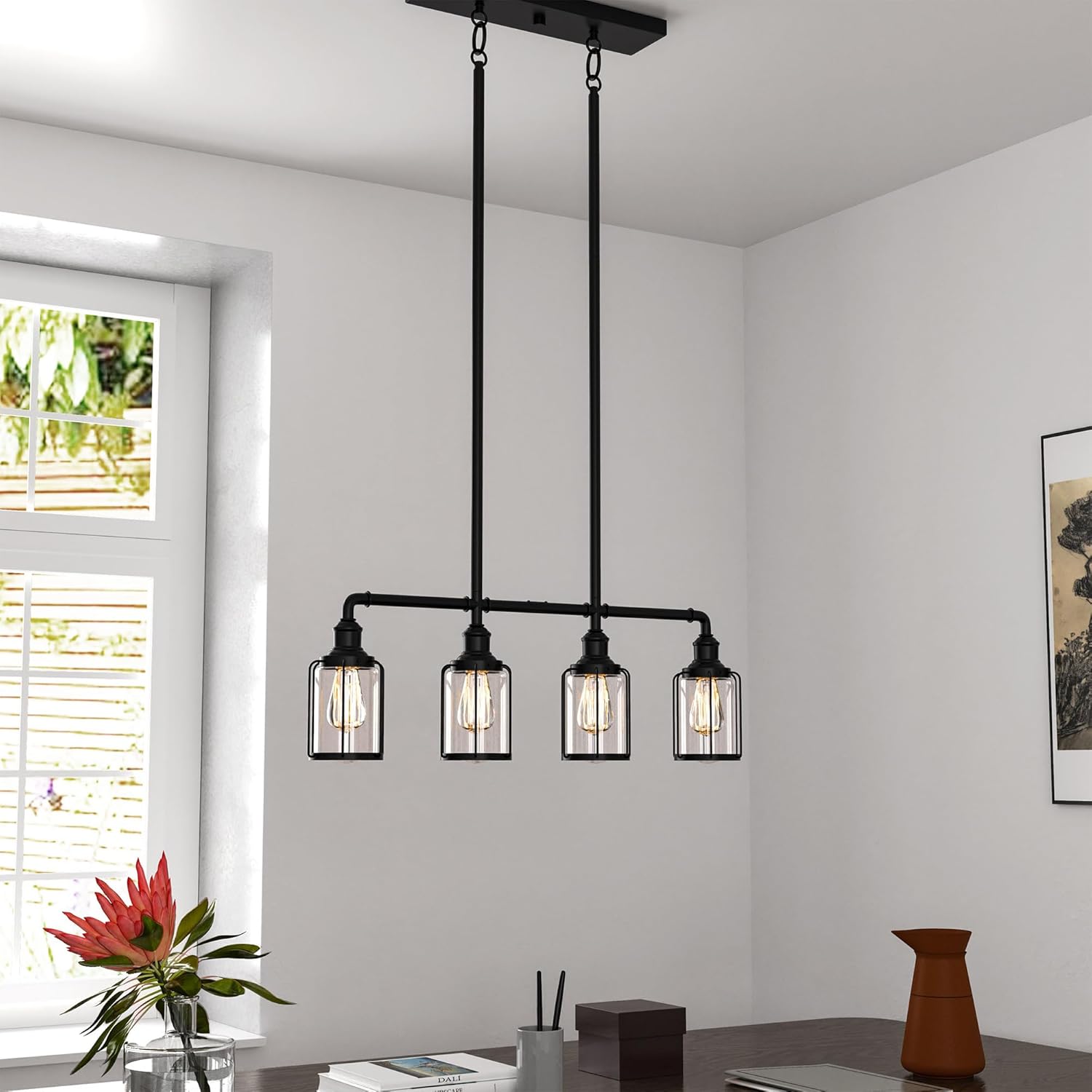 LEDMyplace 4 Lights Linear Pendant Light, Clear Glass Shade, Matte Black Finish, Cage Style, Decorative Hanging Pendant for Home, Bedroom, Living Room, Hallway, Farmhouse, E26 Base (Bulb Not Included)