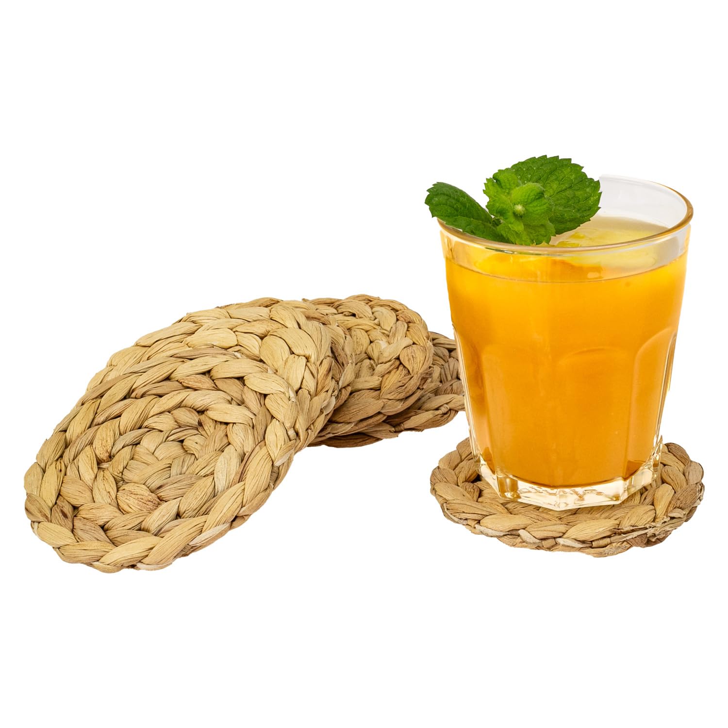 HMF Round Coasters for Glasses, Braided Glass Coasters Made of Water Hyacinth, Set of 6, 10 cm