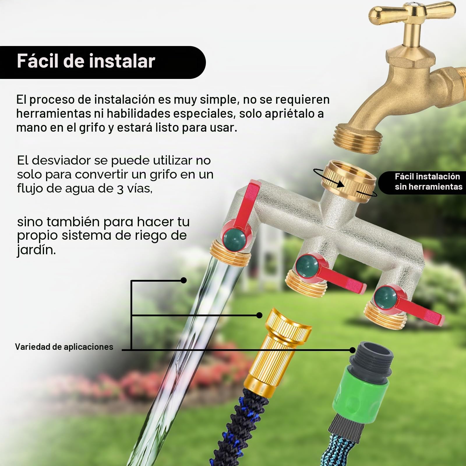 Divisor de Manguera de jardín de latón, Divisor de Grifo de 1/2 Pulgada y 3/4 Pulgada, Conector de Grifo de 3 vías con válvulas de Encendido/Apagado y Mango extendido, Adaptador de Grifo