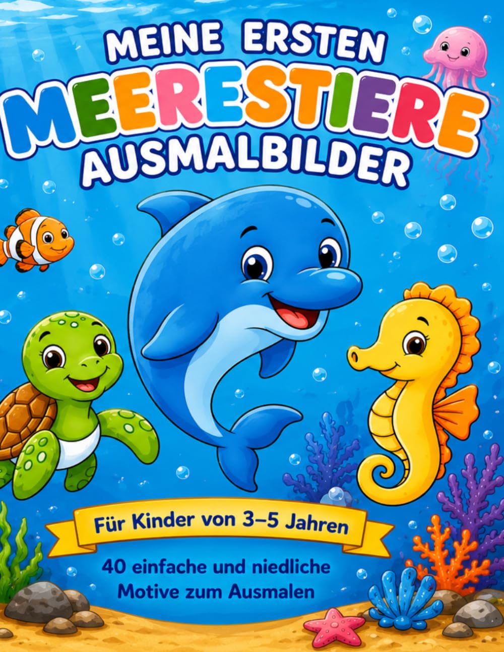 Meerestiere Ausmalbuch für Kinder 3–5 Jahre: 40 einfache und niedliche Ausmalbilder mit Walen, Delfinen, Meeresschildkröten, Seepferdchen und vielen ... (Meine ersten Meerestiere-Ausmalbilder)