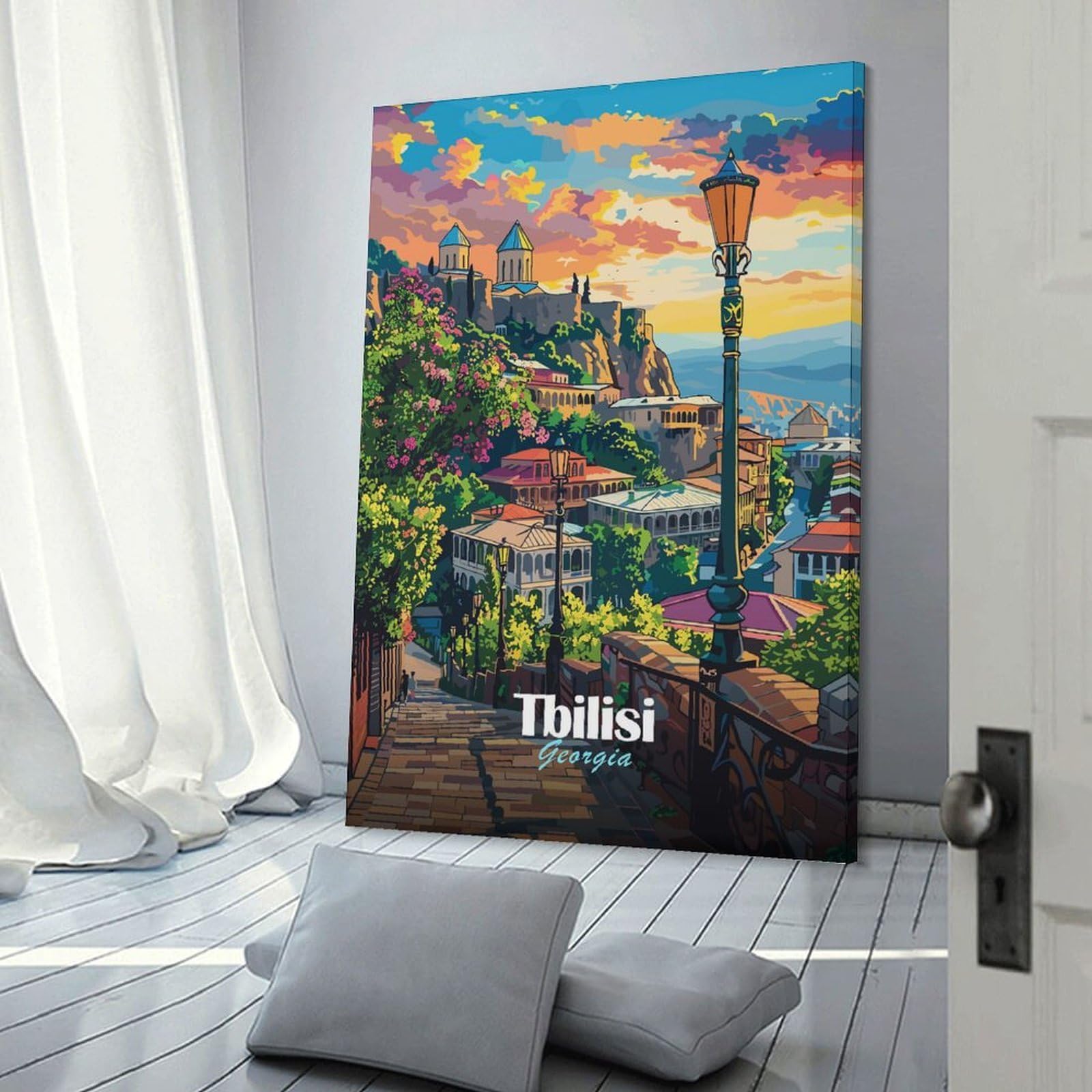 Junmoney Tbilisi, Georgia Cityscape Illustration Decorative Canvas Print, 24x36inch(60x90cm), for Hallway, Bedroom Or Modern Interiors, Gift Idea for Housewarming And Birthdays
