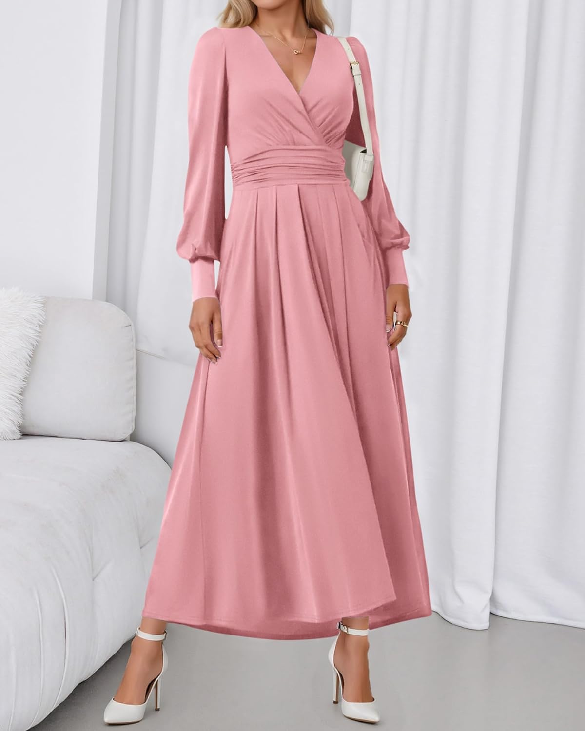 BTFBM Womens Long Sleeve Maxi Dress Fall 2025 Casual V Neck Knit A Line Flowy Pockets Elegant Party Wedding Guest Dresses - Image 2