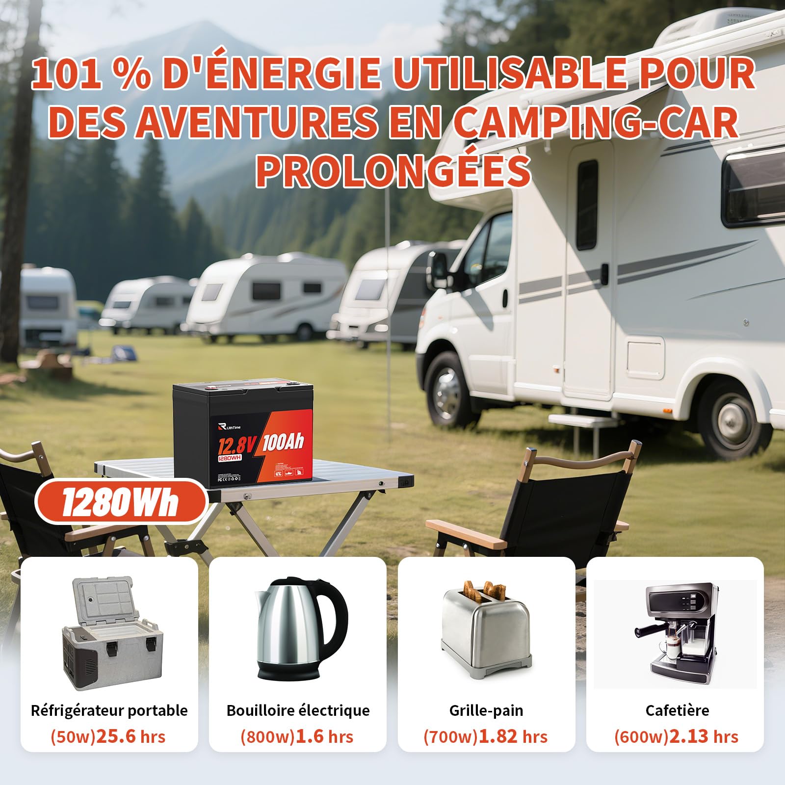 Batterie LiFePO4, Batterie Lithium 12V 100Ah 9.5Kg Group 24 Grade A, 98% d'Efficacité, 16000 Cycles, BMS 100A, IP65, Support Alliage, pour Camping-Car, Solaire, Système Off-Grid