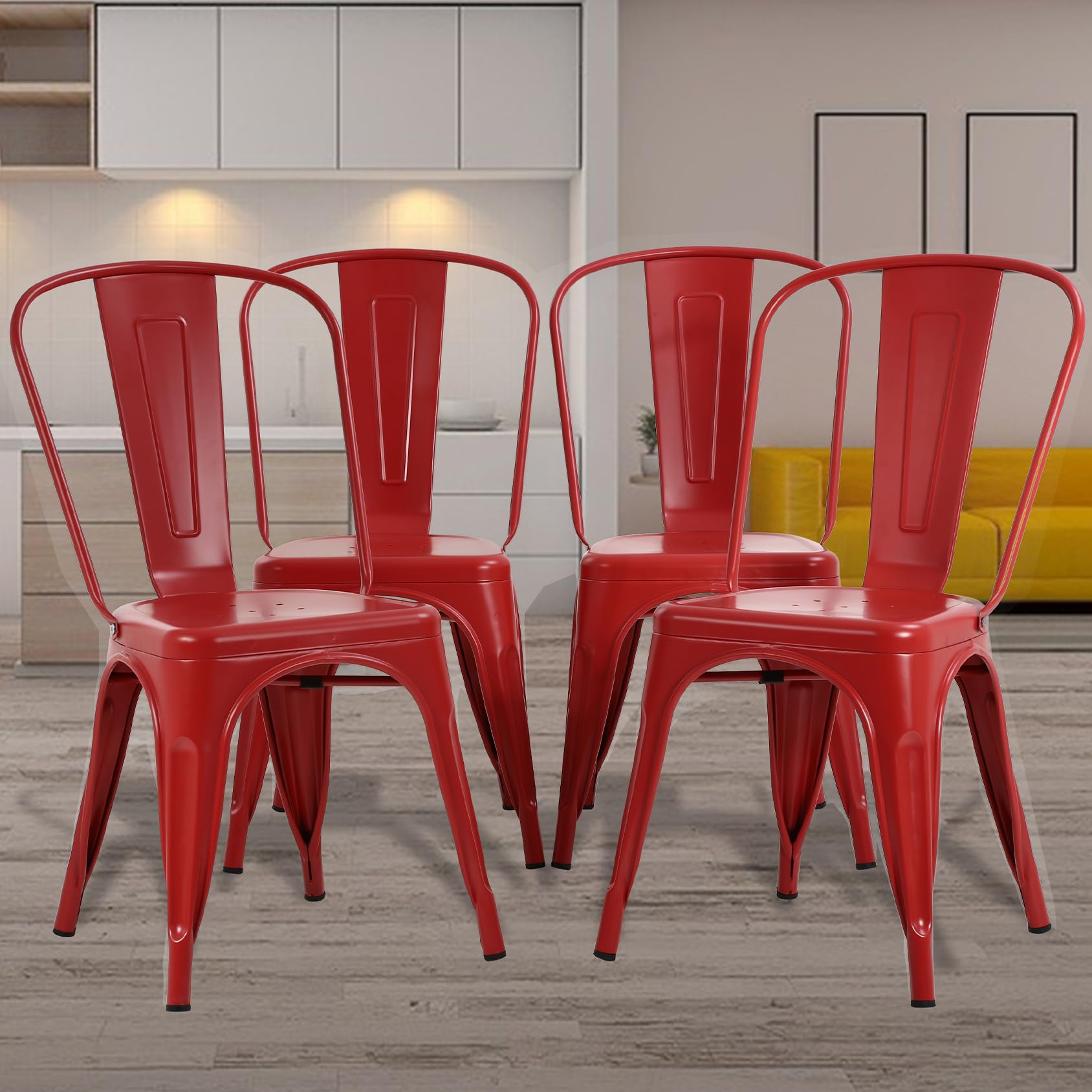 Metal Chairs Set of 4, Stackable Metal Patio Chairs 18 Inch Seat Height, Indoor/Outdoor Tolix Side Chair with Back, 330LBS Weight Capacity, Chic Kitchen Dining Chairs, Red