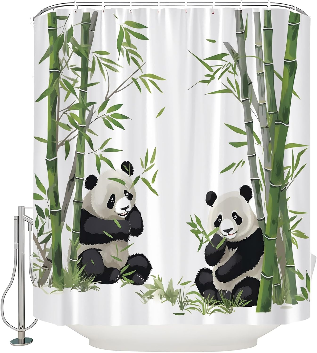 Cute Panda Shower Curtain Green Bamboo Leaves Funny Wildlife Asian Art Painting Watercolor Nature Plant Chinese Animal Bath Curtain with Hooks, 70x70 Inch