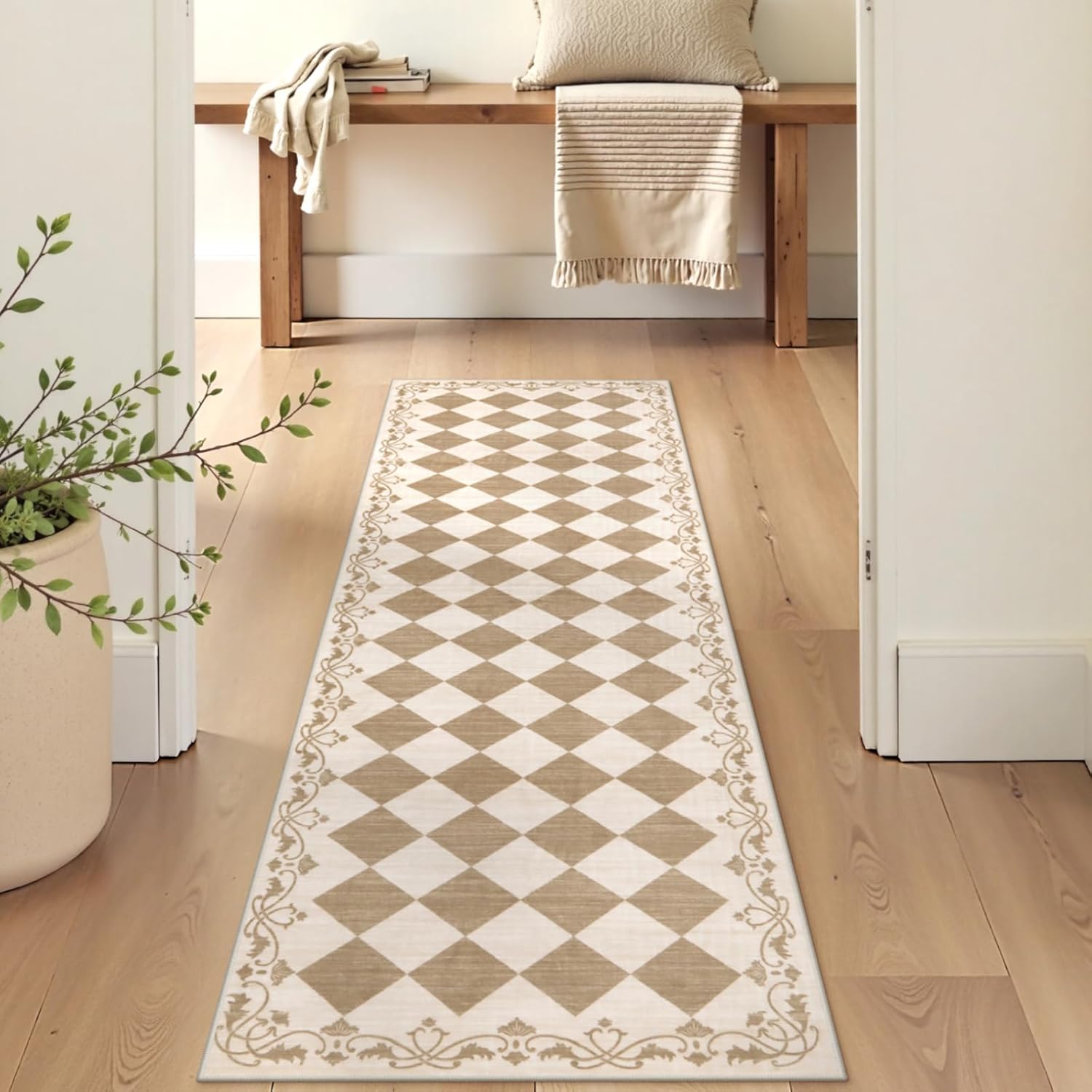 Beeiva Checkered Hallway Rug 2x6 Washable Runners for Kitchen Floor Non Slip Ultra Thin, Gingham Neutral Soft Bathroom Rug 2x6 Beige Diamond Carpet for Laundry Bedroom Entryway Home Deocr - Image 3