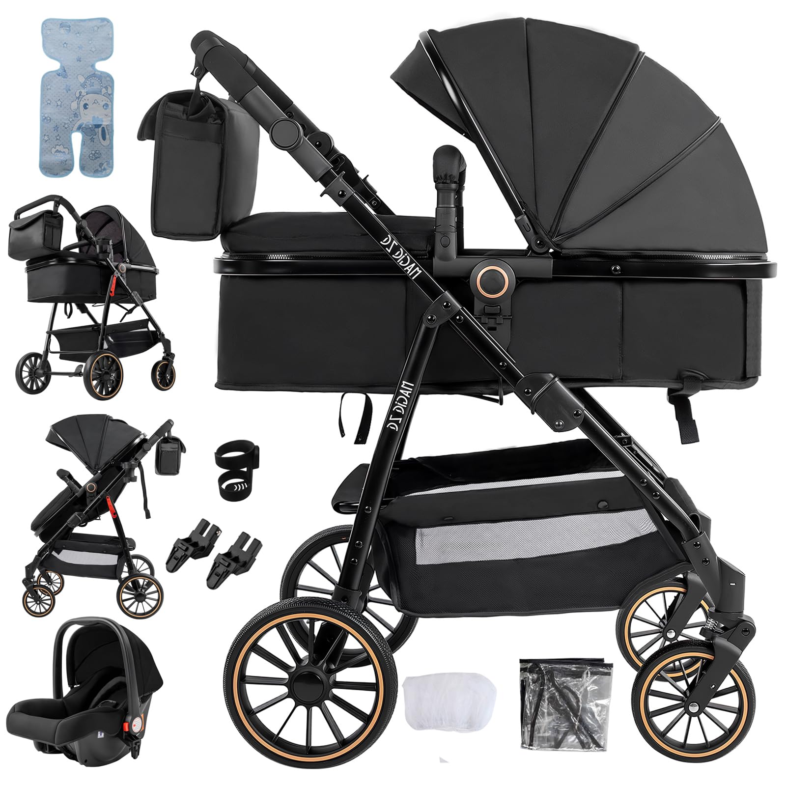 Sianldcone Kinderwagen 3 in 1, Hochwertige Stoffe Kinderwagen Set, Zwei-Wege-Schiebefunktion Reisesysteme, Offene Sicht Kombikinderwagen 3 in 1 Komplettset (V8 Black)