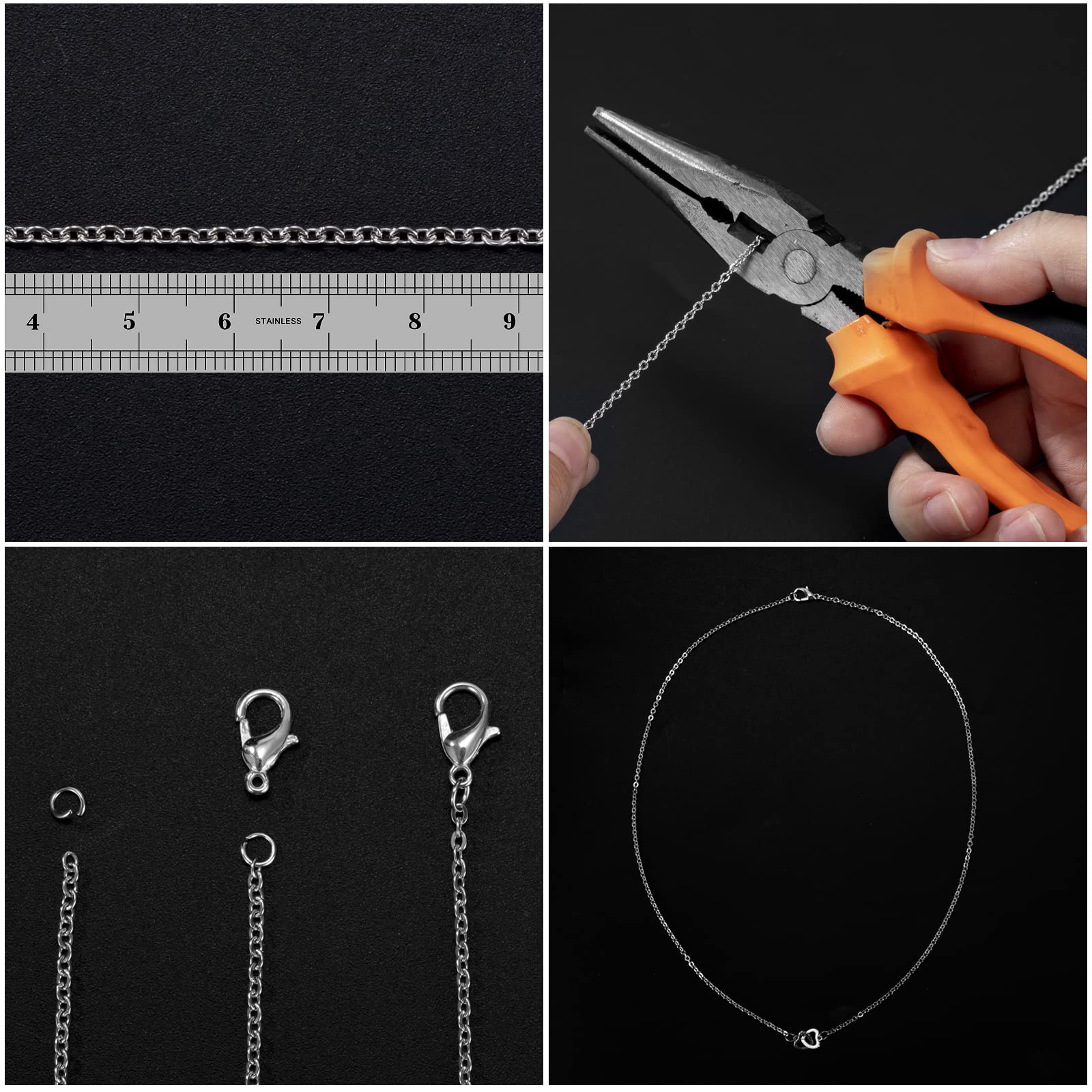 Catena Collana, 10 Metri Catene per Creazione di Gioielli in Acciaio Inox con 20 Fermagli per Aragosta e 30 Anelli di Salto per Fai-da-Te Forniture Gioielli Braccialetti, 2mm (Argento)