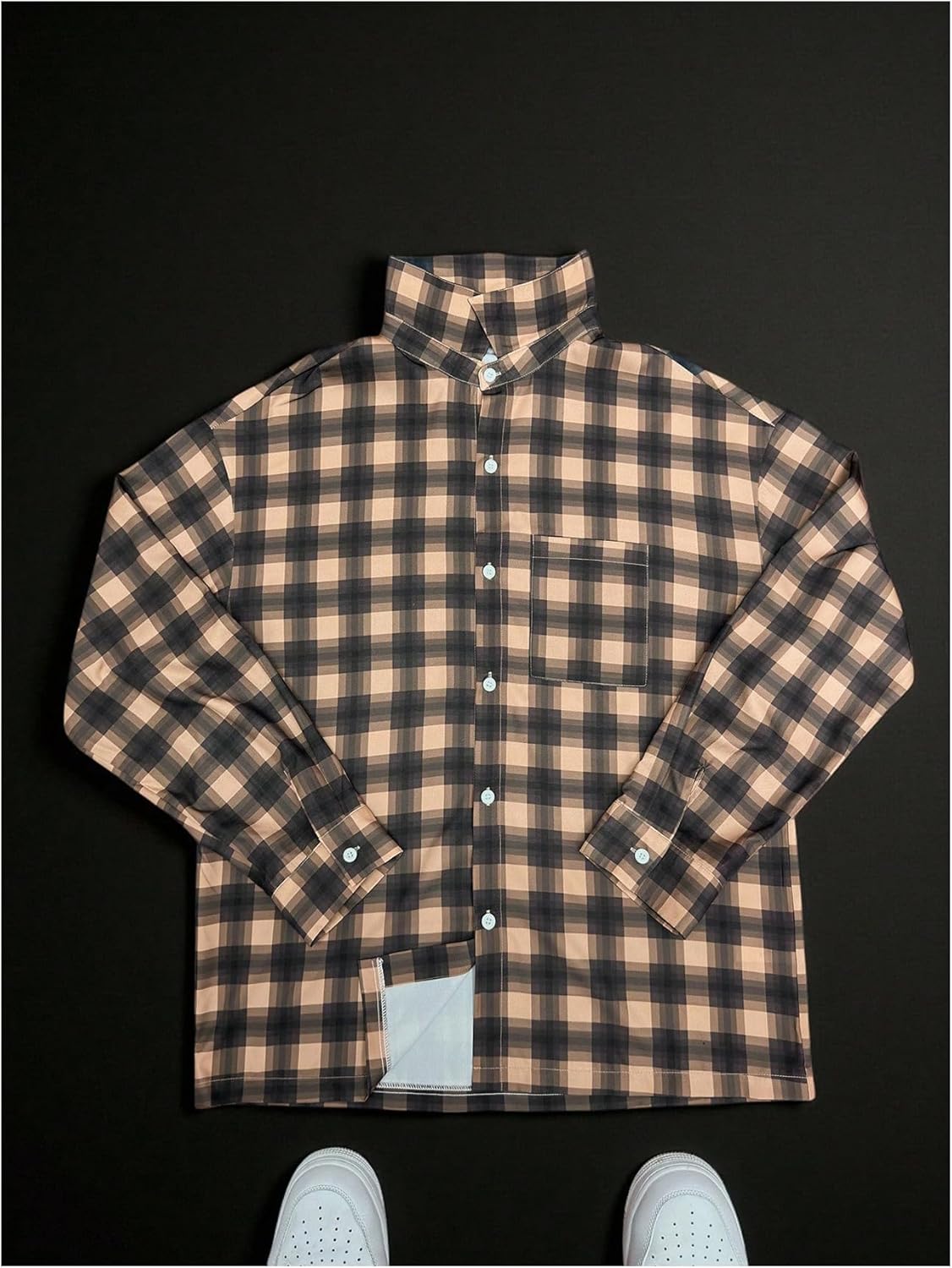 OYOANGLE Men's Button Down Plaid Shirts Long Sleeve Drop Shoulder Collared Shirt Streetwear - Image 3
