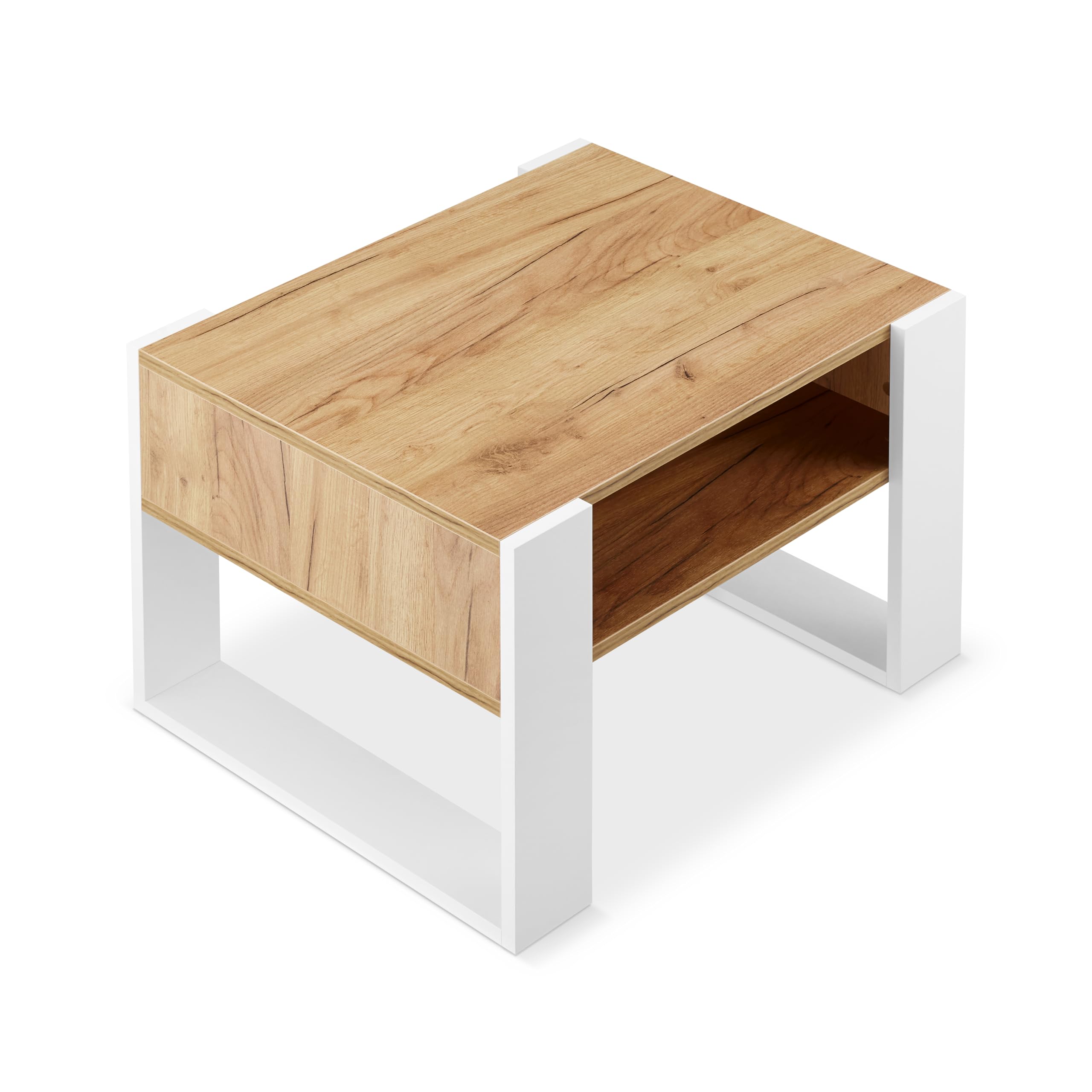 defiPad Mesa de centro moderna, roble, 65 cm de ancho, mesa de café maciza y estable, mesa de sofá, color blanco + roble