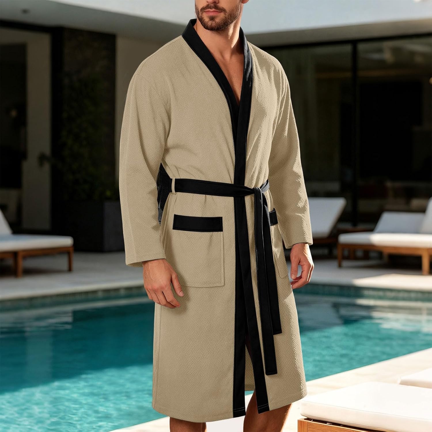 Men's Color Block Bathrobe, Soft Long Sleeve Kimono Robe with Belt and Pockets for Spa, Shower, Home Lounge