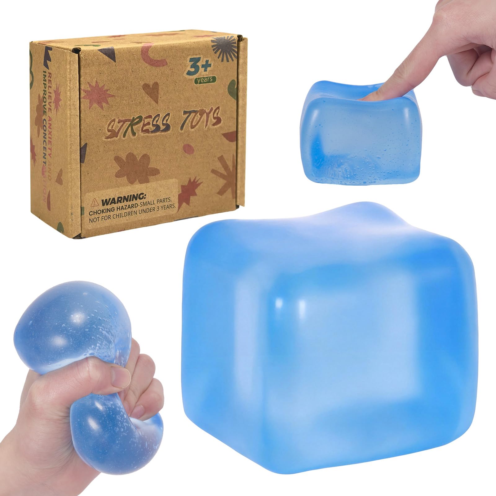 Graphinza Squeeze Toys – Plus Size 2.76in Transparent Ice Cube Squishy Toy, Soft Sensory Fidget Squeeze Toy with Durable Design, Comfortable Stress Play for Kids and Adults (Blue)