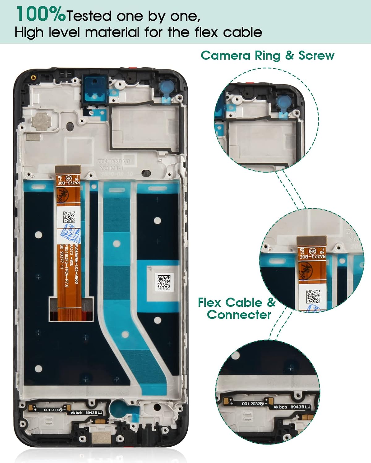 Detailed view of the OnePlus Nord N100 replacement frame showing flex cable connectors, camera ring, and screw points.
