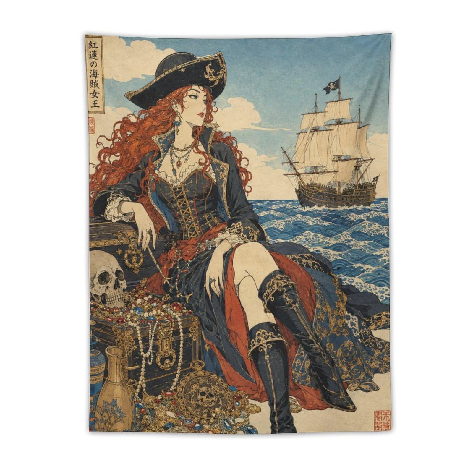W7C8U2X3 Pirate Queen with Ship Wall Tapestry, Ukiyo-e, Ceiling Hanging