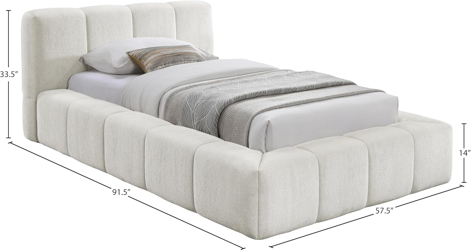 Meridian Furniture CarlinCream-T Carlin Collection Modern | Contemporary Twin Bed with Soft Cream Chenille Fabric, Channel Tufted, 57.25" W x 91.5" D x 33.5" H, Cream, Twin