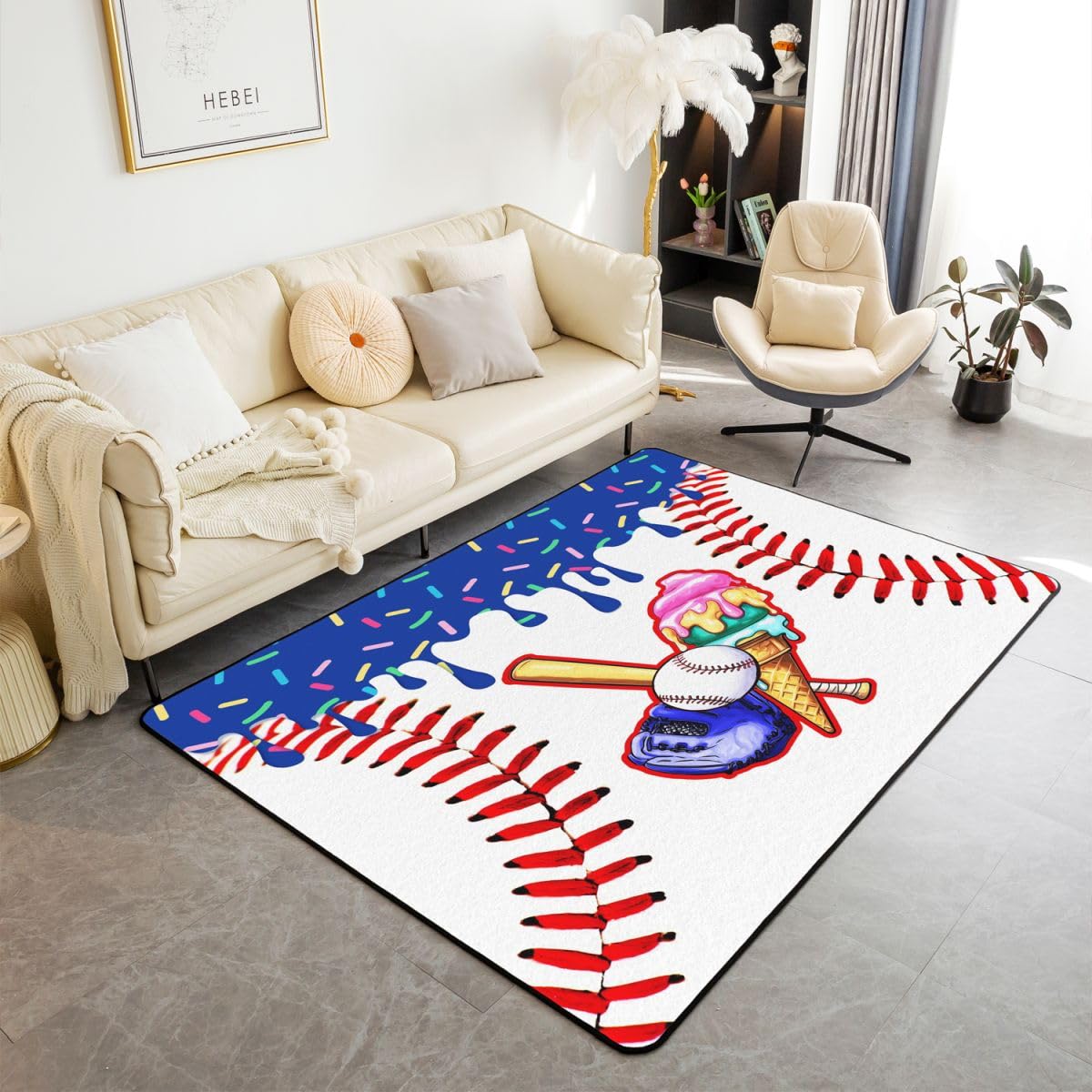 Homewish Dywaniki baseballowe do lodów 100 x 150 cm do sypialni salonu - granatowy lód kroplówka nowoczesny dywan podłogowy słodki cukierkowy deser duże dywany piłka sport nie gubi włosia dywan