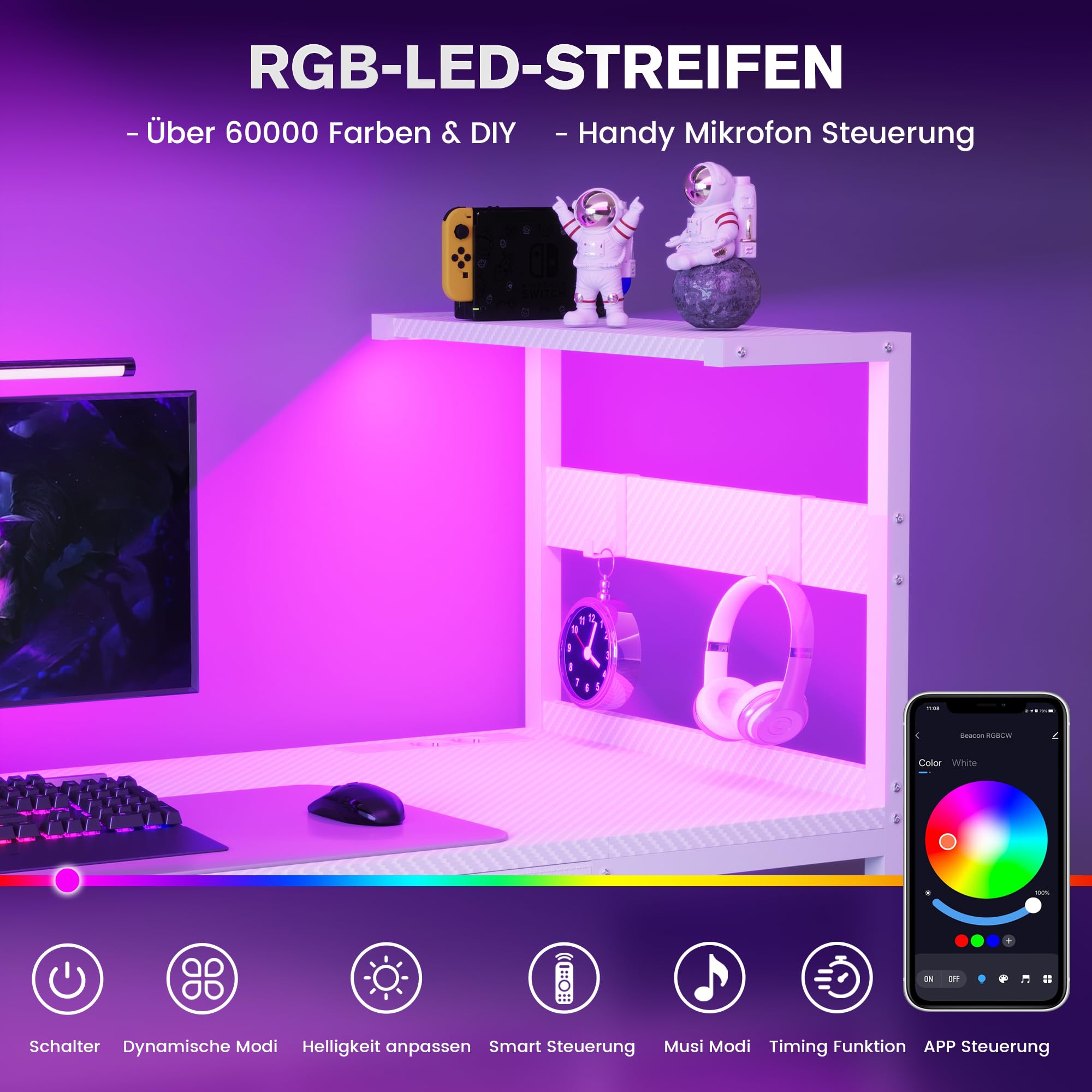YOUDENOVA Stół gamingowy z diodami LED i gniazdkami, 100 cm, małe biurko z 2 szufladami, kieszeń boczna i półką, włókno węglowe, biały, stolik pod komputer do sypialni, domowego biura, pokoju