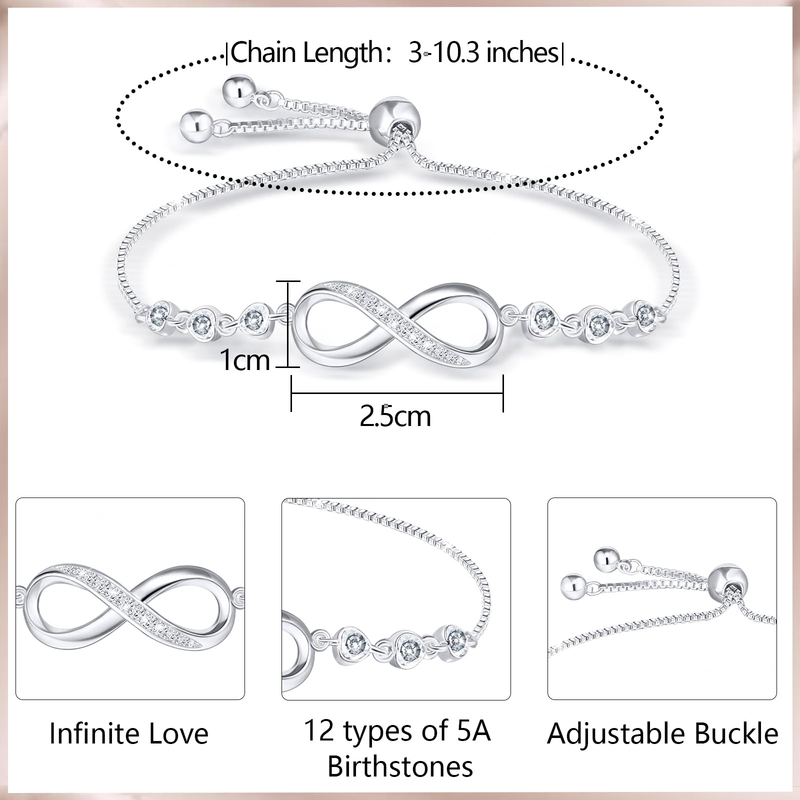 Esmoly Bracciale Donna Argento Infinito Braccialetto Cuore Zircone Regolabile Regalo Donna Ragazza