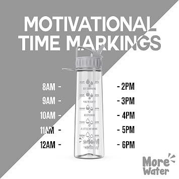 More Water Bottle With Straw, Motivational Time Markings 900ml - Drinking Tracker Bottles - Times to Drink - BPA Free Sports Bottles