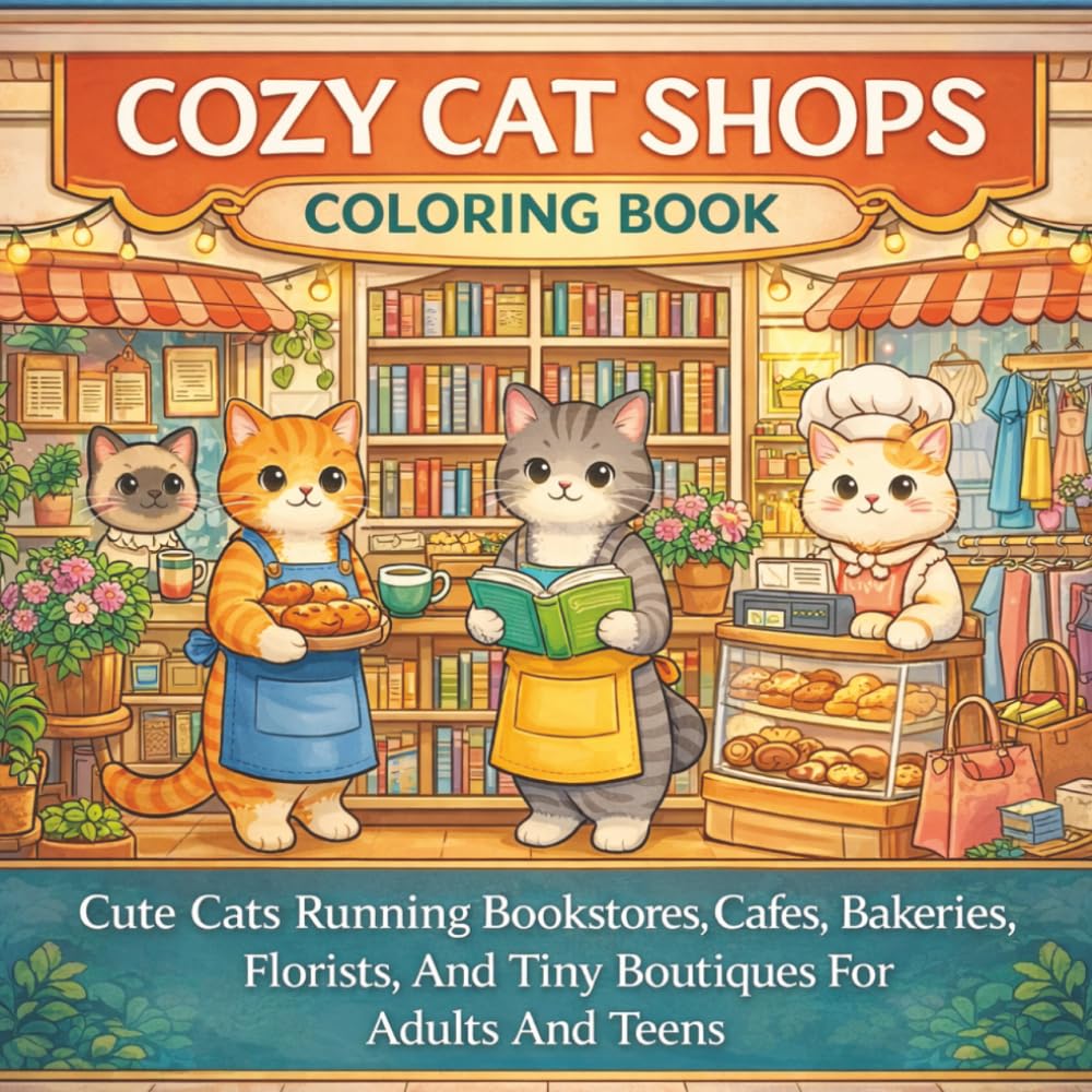 Cozy Cat Shops Coloring Book: Cute Cats Running Bookstores, Cafes, Bakeries, Florists, And Tiny Boutiques For Adults And Teens