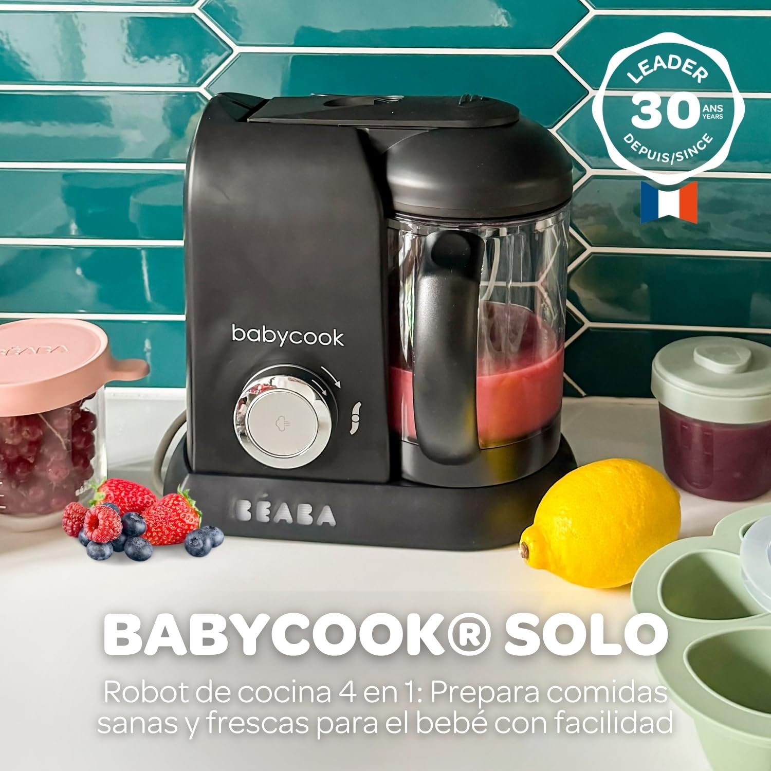 BÉABA Babycook Solo, Robot de cocina infantil 4 en 1, Tritura, cocina y cuece al vapor, Cocción rápida, Comida casera y deliciosa para bebés y niños, Comida variada para tu bebé, Negro