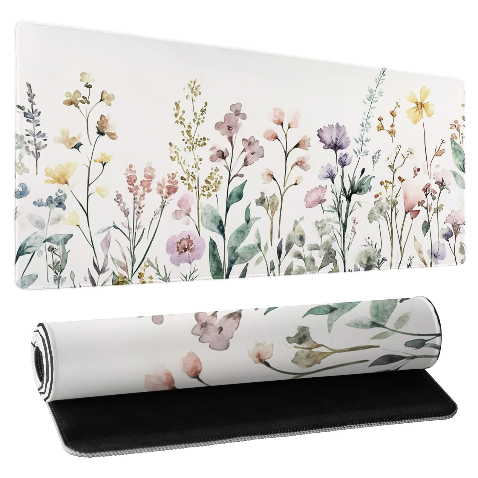 Floral Desk Mat Beige Boho Desk Pad Large Extended Gaming Mouse Pad XL Cute Minimalist Flowers Keyboard Mat 31.5x11.8 Inch Boho Esthetics Mousepad Big
