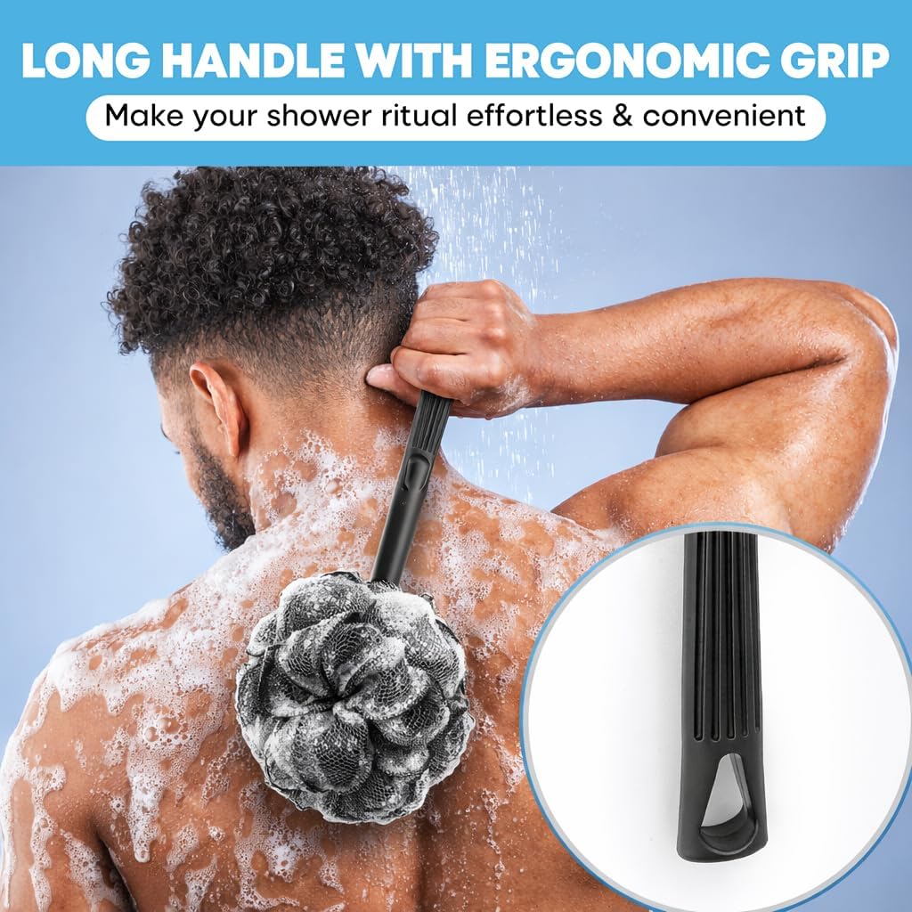 Loofah with Handle & Shower Brush Charcoal 2 Pack- Back Scrubber for Shower for Men & Women, Body Brush Ideal for Exfoliation, Back Loofah for Shower with Bath Brush, Long Handle for Shower Back Brush