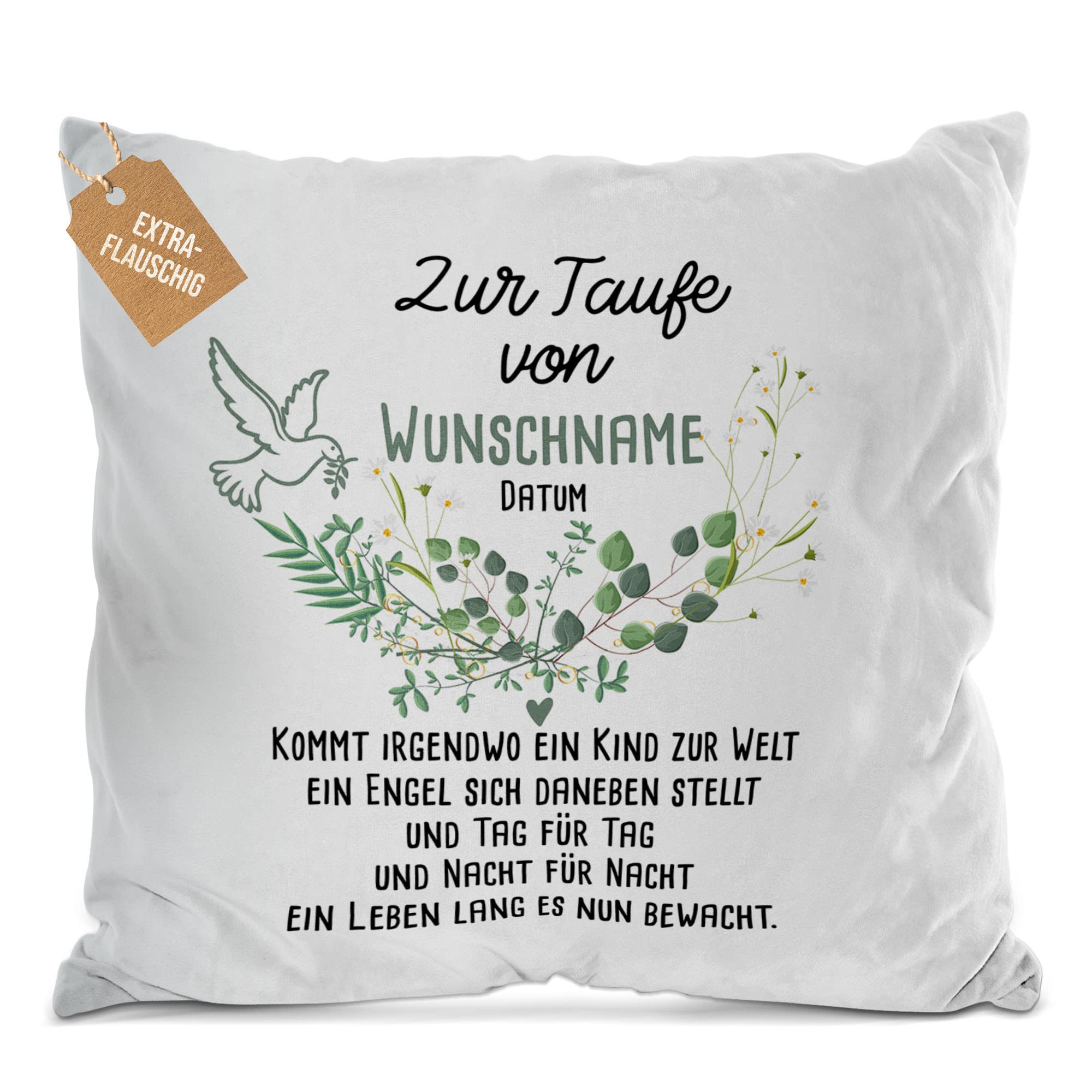Print Royal PR Flauschiges Kissen zur Taufe mit Name & Datum - Kommt EIN Kind zur Welt - Geschenke zur Taufe, personalisierte Taufgeschenke Patenkind | inkl. Kissenfüllung, Weiß, 40 x 40 cm
