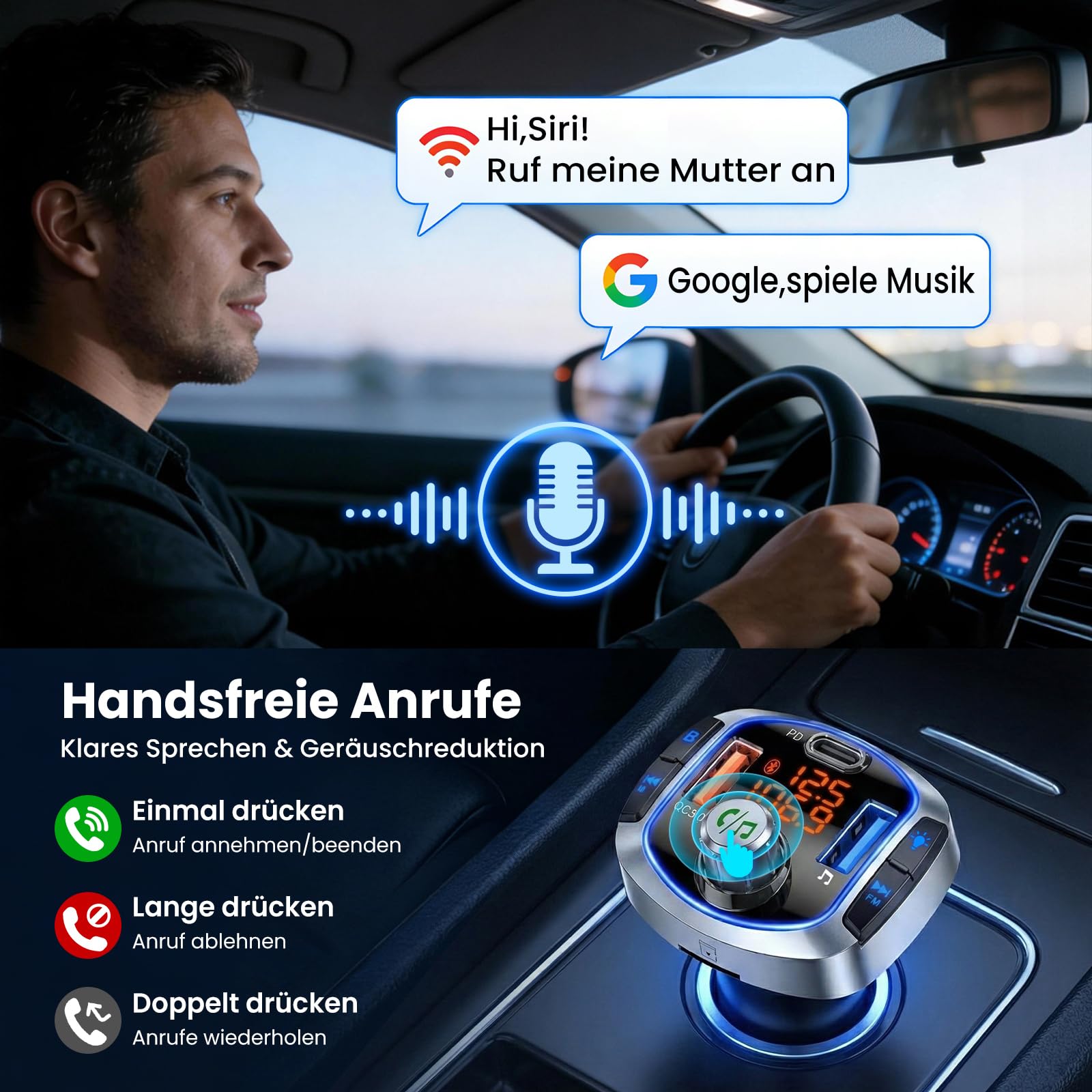 GizmoVine FM Transmitter Auto Bluetooth 5.4 mit 81W（PD 45W & QC3.0 36W） Fast Charge, Bluetooth Adapter Auto Zigarettenanzünder Freisprechen, Siri/Google Assistant, Hi-Fi Bass & LED-Licht - 5