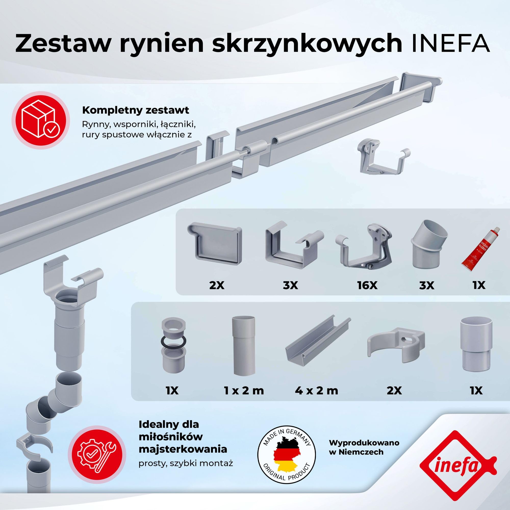 INEFA Zestaw rynnowy z tworzywa sztucznego, prostokątny 8m x 83mm Brązowy | Rynna i rura spustowa PVC-U na jedną połać dachu, domek ogrodowy, wiata, taras i pawilon