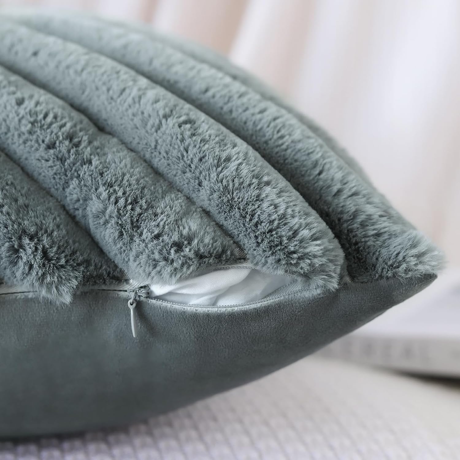 OTOSTAR Faux Fur Plush Throw Pillow Covers 20 x 20 Inch Fuzzy Soft Striped Decorative Velvet Pillow Case Couch Home Decor Pillow Covers for Sofa Bed Living Room Set of 2 (Dark Gray) - Image 8