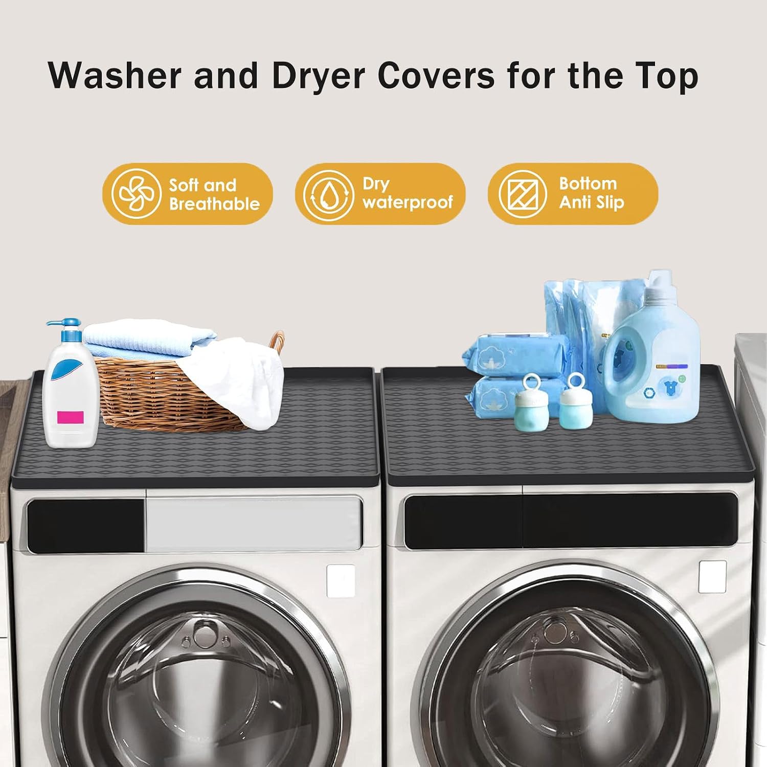 Washer and Dryer Top Protector Mat, 2 PCS, 25.6“ x 23.6" Silicone dust pad, Non-slip,Heat-Resistant, Leak-Proof Top Protector for Laundry Room Essentials,(Gray,2 PCS)
