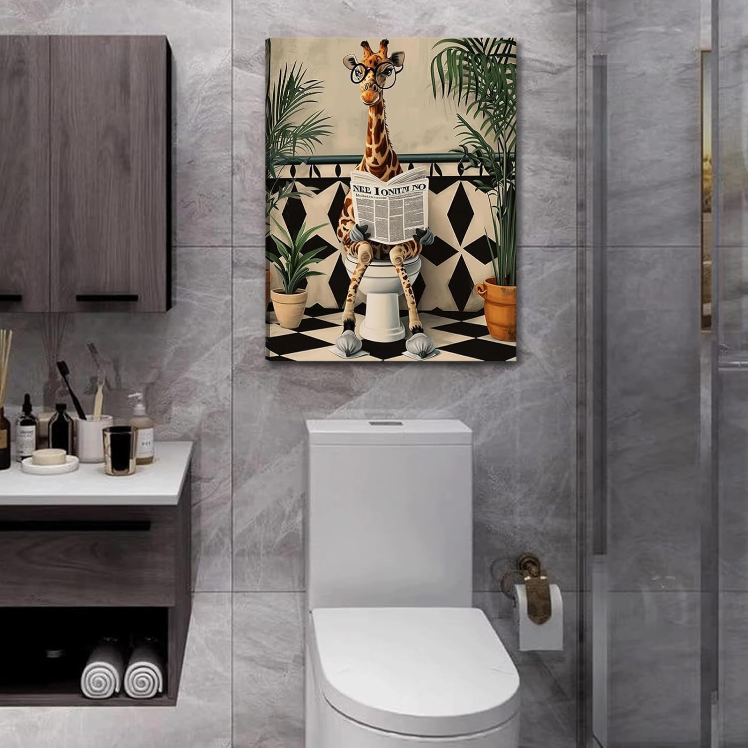 ZUGHRERF Giraffe Bathroom Humor Canvas Wall Art Funny Giraffe Reading Newspaper on Toilet Wall Decor Cute Animal Poster Print Painting Artwork for Kids Bathroom Restroom Home Decor 16x24in canvas - Image 6
