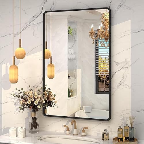 Miniatura 27 de OKPAL Espejo de Baño con Marco de Metal Negro de 40 x 36 Pulgadas para Pared, Espejo de Tocador de Baño Negro Mate, Espejo Rectangular Redondeado