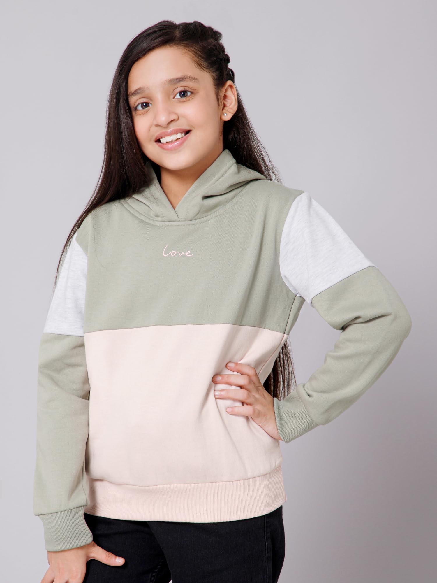 Alan Jones Clothing Girls Cotton Blend Hooded Neck Regular Fit Sweatshirt (GL22-SW104-GRN-7.8YRS_Light Khaki, Green_7Years-8Years) 1