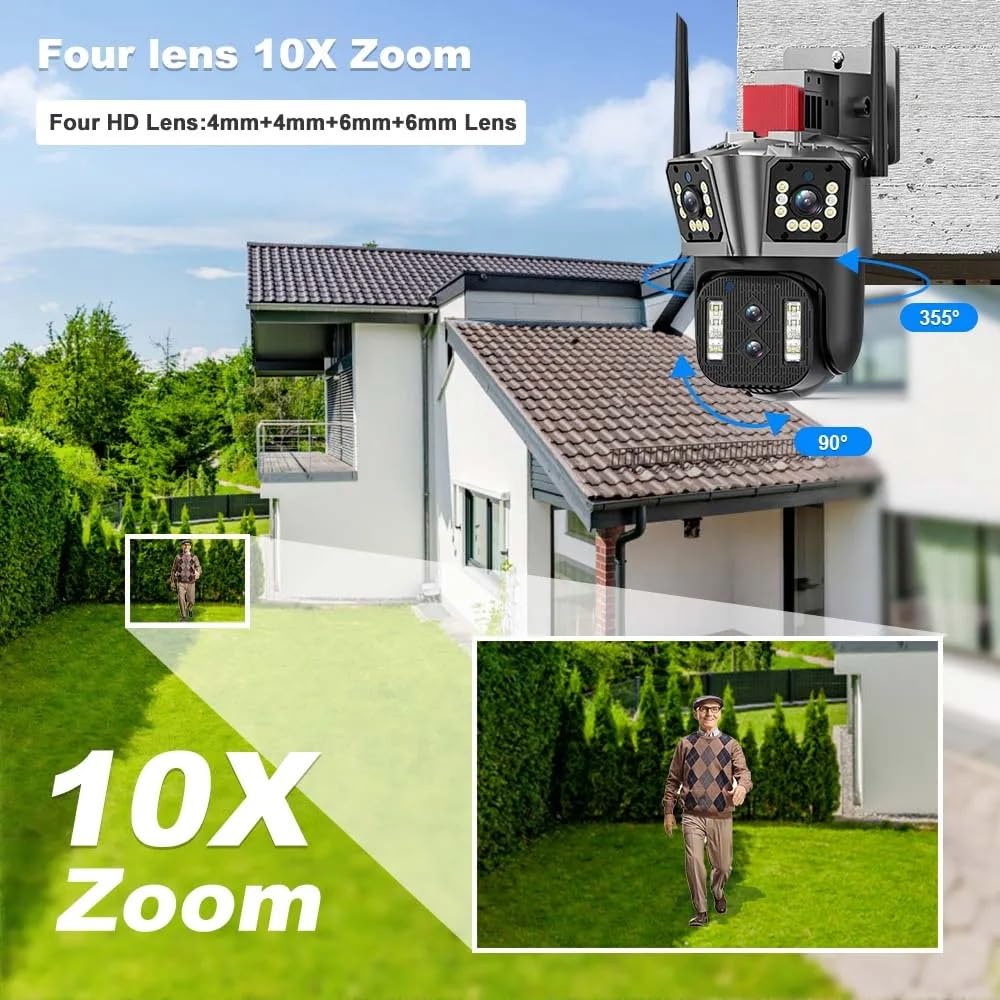 Telecamera di sicurezza, Telecamere di sorveglianza 16MP 6K Zoom 10X Telecamera sicurezza wireless esterna IP PTZ grandangolare a quattro obiettivi CCTV Smart Home(6K Camera Add 32G)