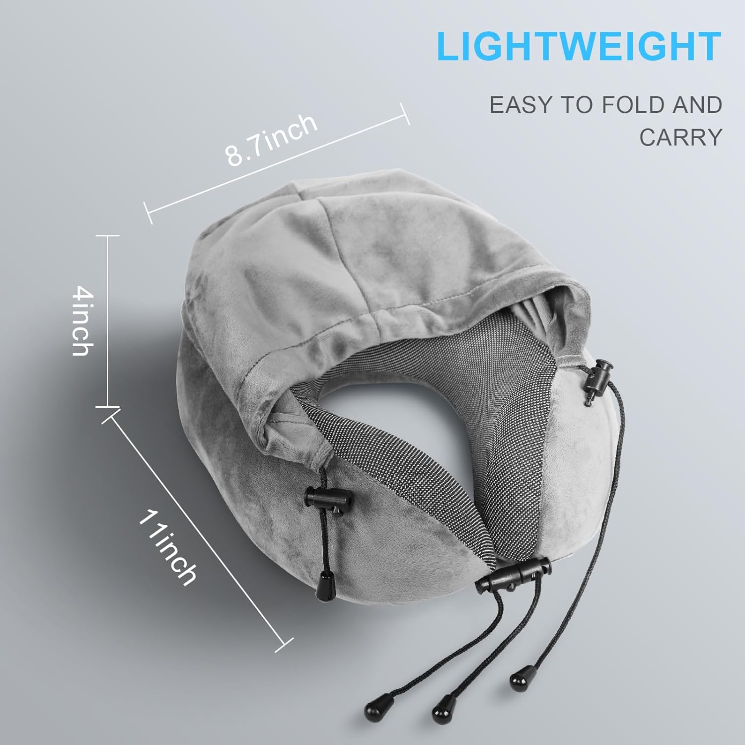 Hooded Travel Neck Pillow with 100% Pure Memory Foam - Ergonomic Support for Airplane, Car, Office, Train & Long Flights | Portable Sleeping Aid (Grey) - Image 3