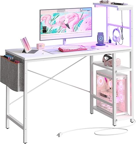 Miniatura 8 de Bestier Escritorio para juegos con tomas de corriente, escritorio LED de 44 pulgadas con estantes reversibles de 4 niveles, mesa de juegos de PC con