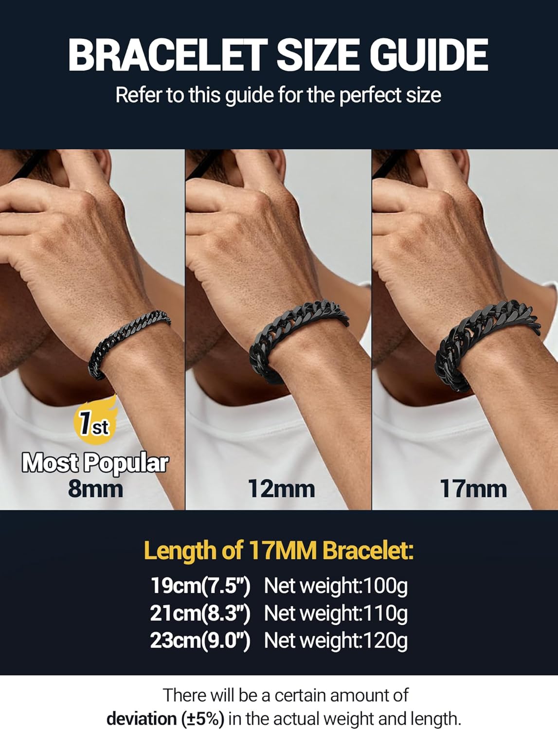 PROSTEEL Stainless Steel Franco Chain Bracelet, Trendy Chunky Bracelets for Men Women, Black/18K Gold Plated, W: 8mm/12mm/17mm, L: 7.5"/8.3"/9", Come Box