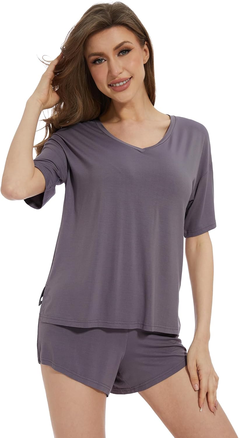 WiWi Soft Viscose from Bamboo Pajamas for Women Summer Short Sleeve Top with Shorts Pajama Set Pjs S-XXL