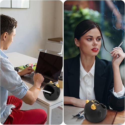 Miniatura 5 de GTOTd Cenicero de gato The Big Boss Black Cute Cat Design Cigarrillos de cerámica para el hogar, oficina, espacio, porche, patio, decoración al aire