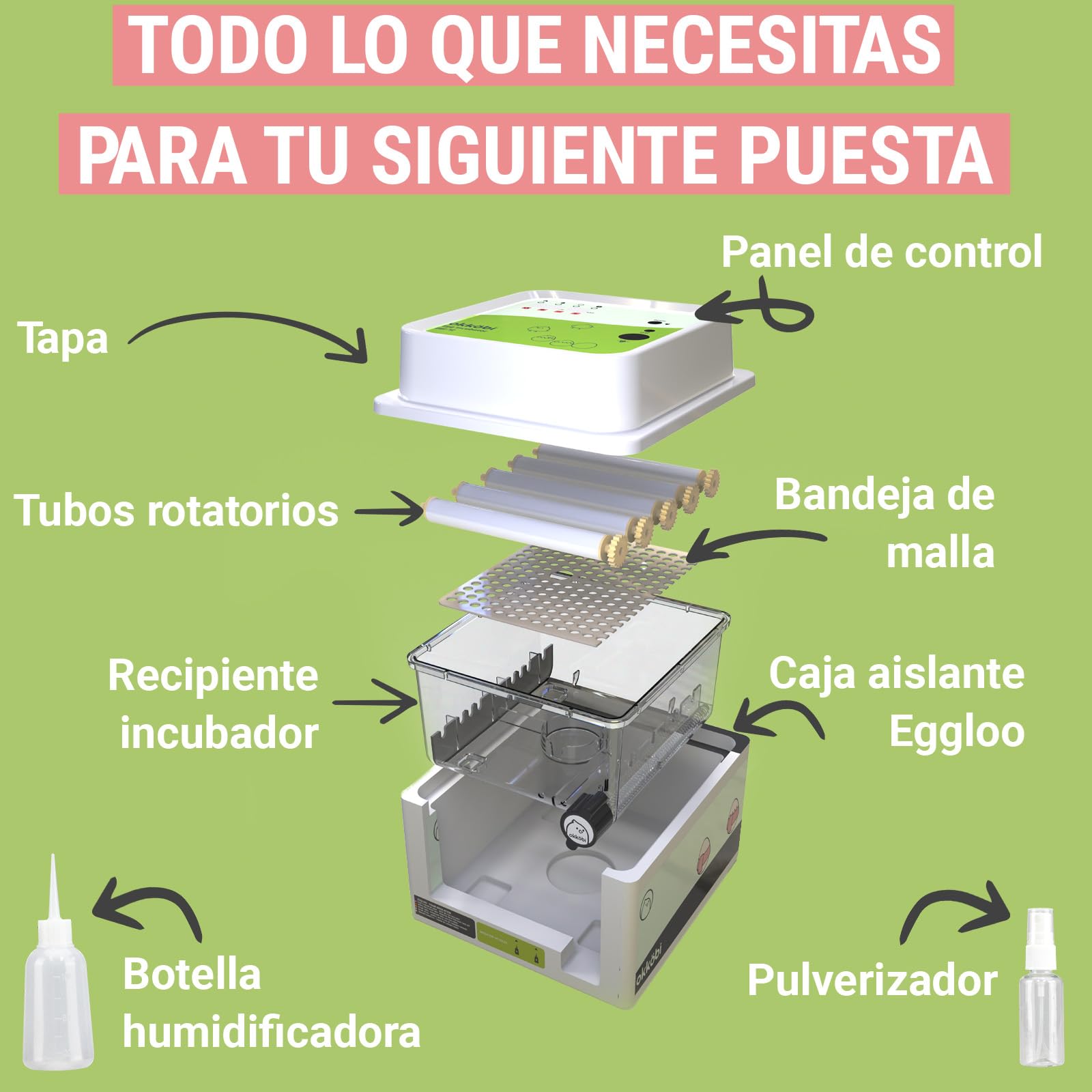 Incubadora Huevos Gallina 12 - Ideal para Todas Las Edades - Incubadoras de Huevos Automaticas - Volteo Automático y Control de Humedad -Ovoscopio Integrado - Okköbi Obi-12 - Blanco Verde