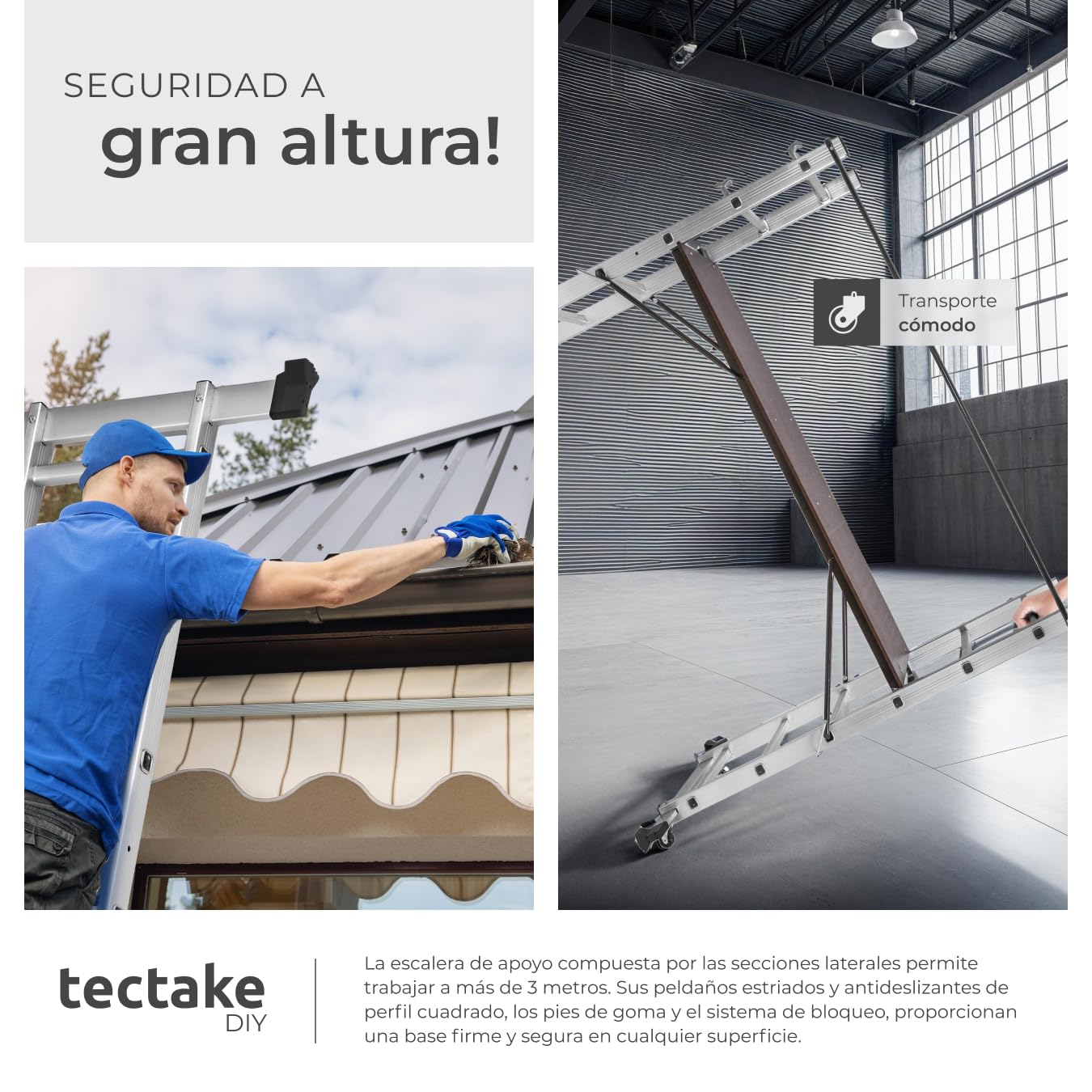 tectake® Escalera Plegable Aluminio, Escalera Telescópica Multiusos 4 en 1: Escalera Extensible, Escalera de Tijera, Andamio Simple, Andamio para Desniveles, con Ruedas, Estable, Carga MAX. 150 kg
