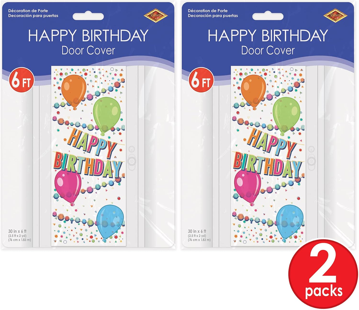 Beistle Happy Birthday Door Covers – 2 Pack, Colorful Thin Plastic Door or Wall Decorations with Balloons and Confetti Design, Festive Milestone B-Day Party Décor for Homes and Event Spaces, 6’ x 30”