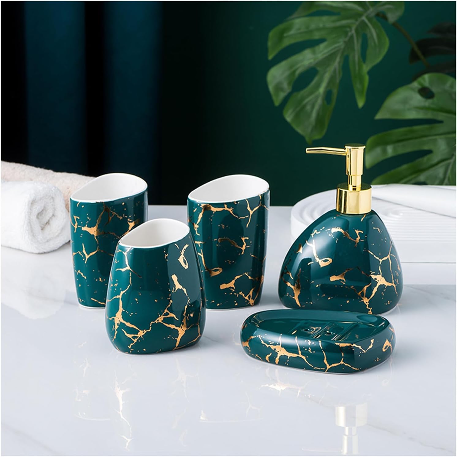 Soap Dispenser Set Green, 5-Piece Bathroom Set, Includes Ceramic Soap Dispenser, Soap Dish and 2 Toothbrush Cups, Toothbrush Holder, Golden Marble Pattern,Green