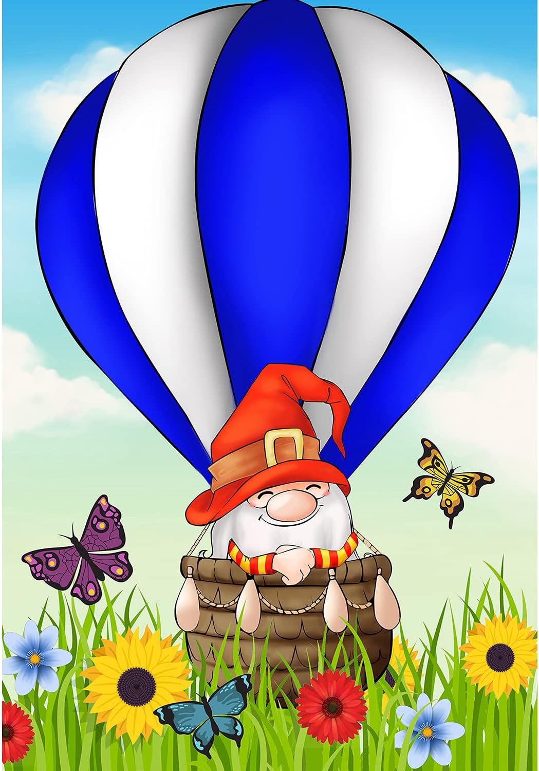 America Forever Gnome Summer House Flag - Hot Air Balloon Ride - Spring Holiday Seasonal Yard Outdoor Decorative Double Sided Flag - 28 x 40 Inch