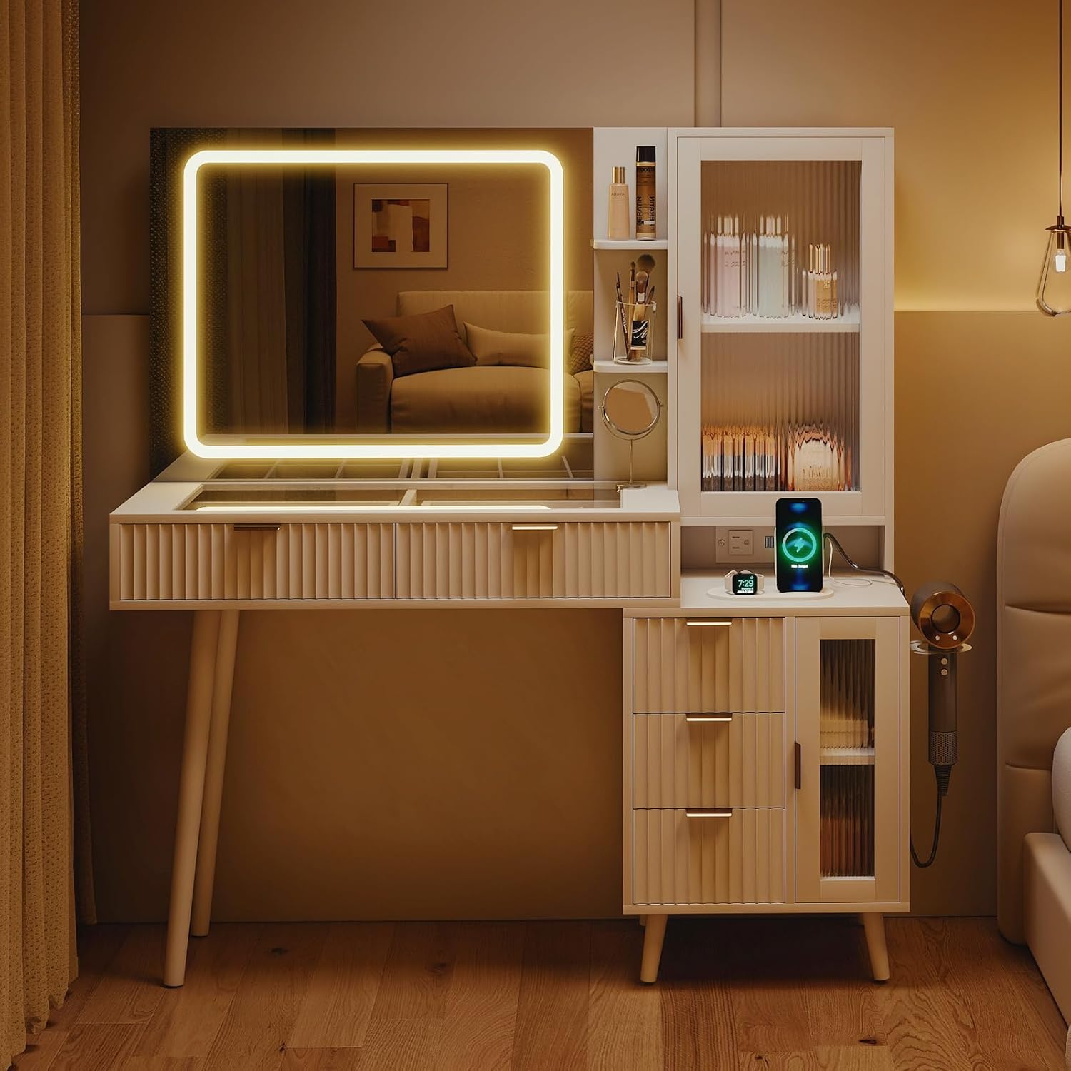 White Vanity Desk with Mirror and Lights, 49" Fluted Wood Makeup Vanity Table with Modern Glass Top, Charging Station, 5 Drawers, 2 Cabinet with Adjustable Shelves, Salon Station