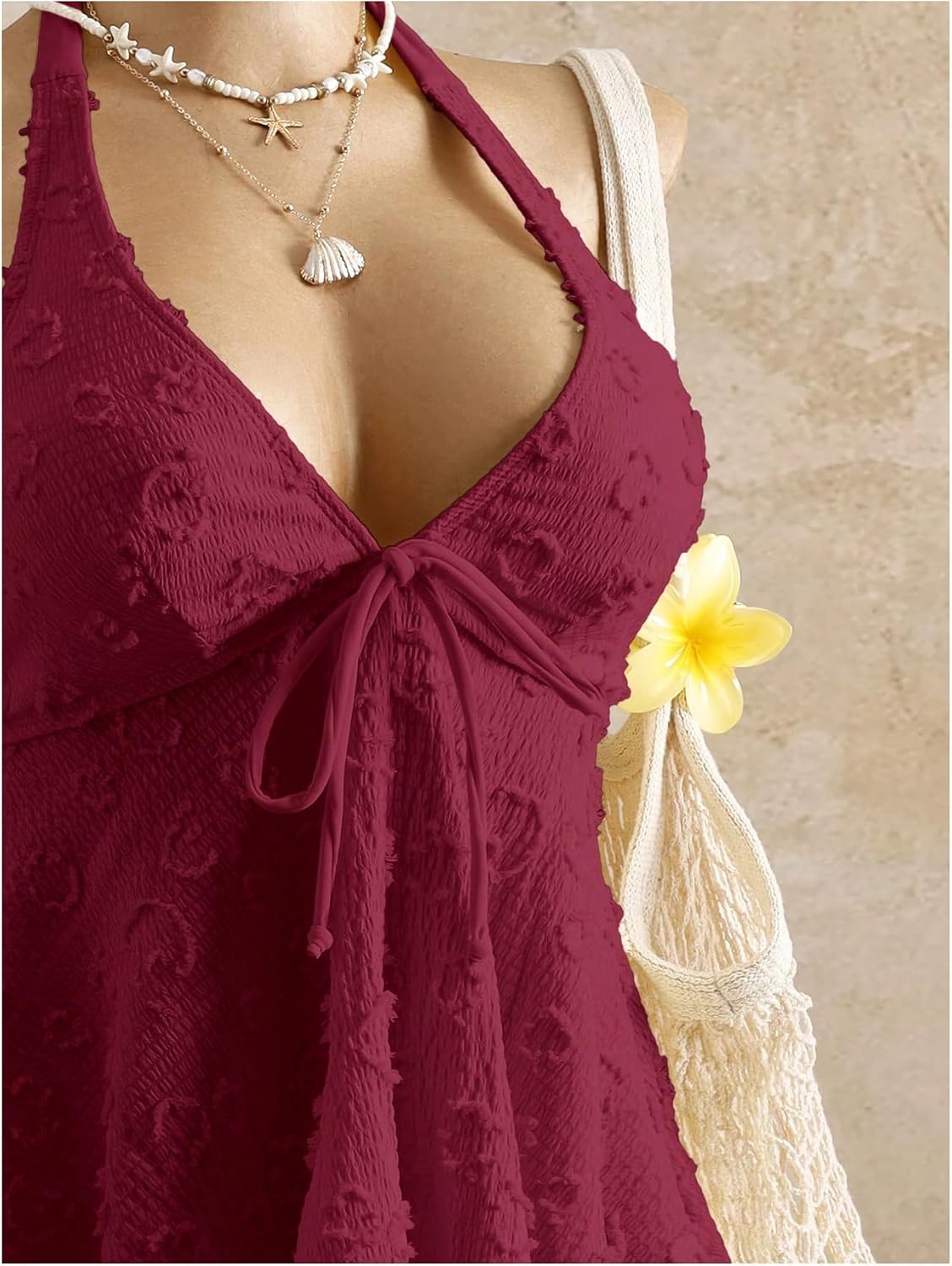 Verdusa Women's 2 Piece Halter Tankini Set Textured Babydoll Tops with Panty Swimsuits