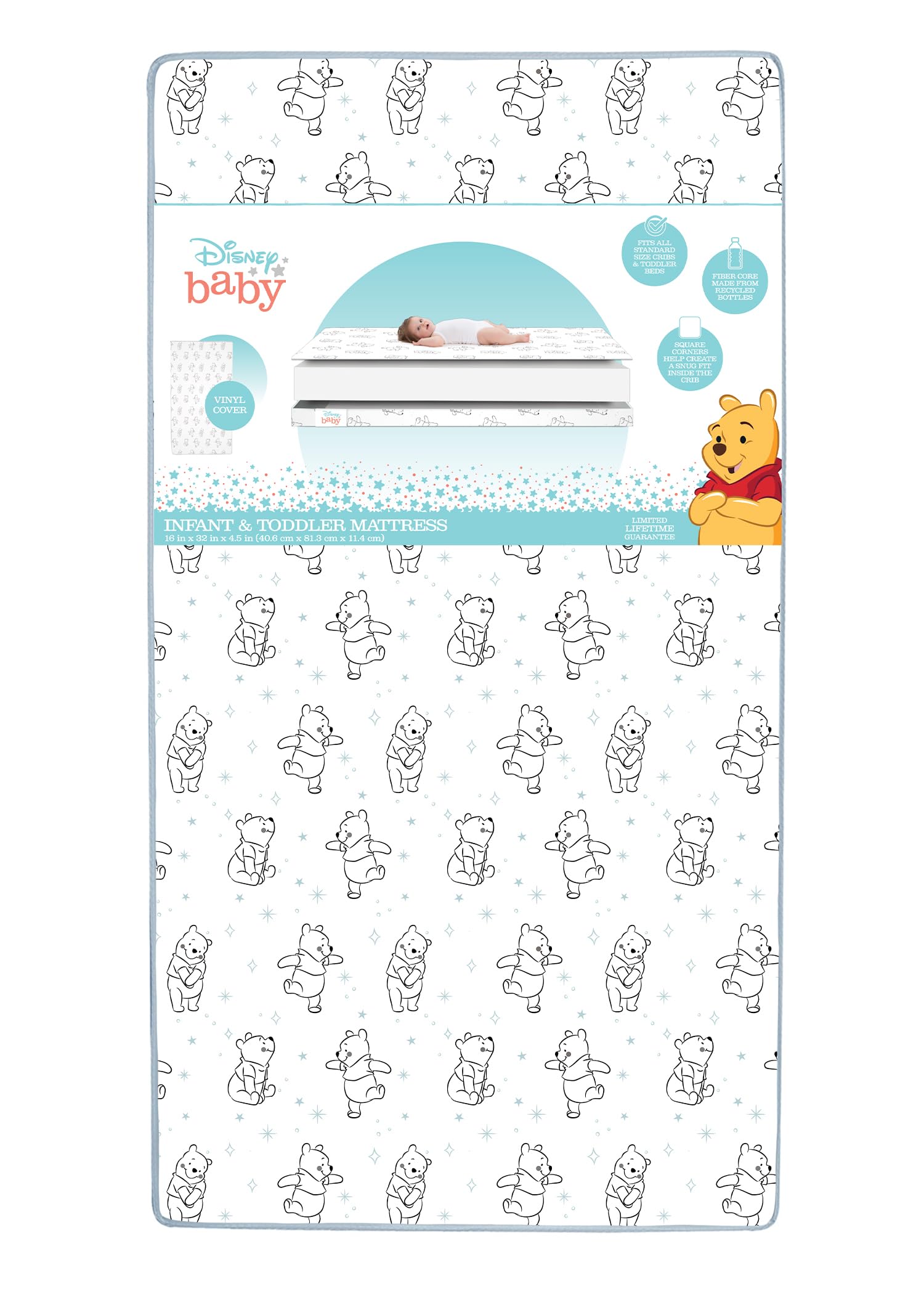 Delta Children Disney Winnie The Pooh Dual Sided Crib and Toddler Mattress Sustainably Sourced Fiber Core - Waterproof - GREENGUARD Gold Certified (Non-Toxic) - Lightweight - Made in USA